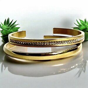 2 INVICTA Gold Tone Cuff Bracelets – Crystal Accent & Plain Polished Set 6.75"